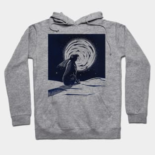 Moon Gazing Hare Linocut in blue and yellow Hoodie